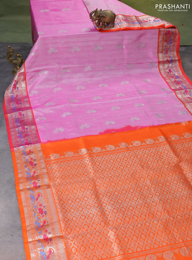 Venkatagiri silk saree light pink and dual shade of pinkish orange with silver zari woven buttas and silver zari woven border