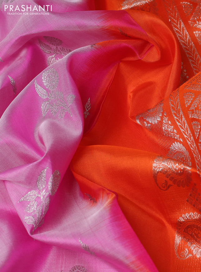 Venkatagiri silk saree light pink and dual shade of pinkish orange with silver zari woven buttas and silver zari woven border