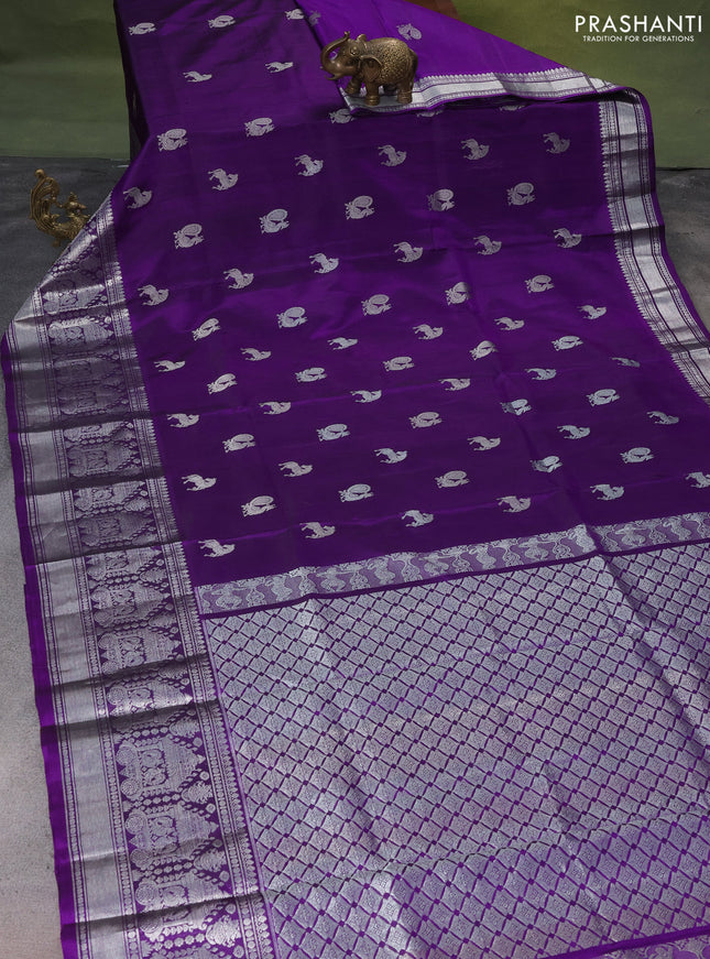Venkatagiri silk saree violet with silver zari woven buttas and long silver zari woven border