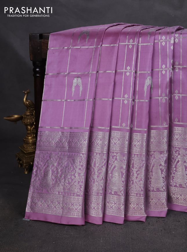 Venkatagiri silk saree pastel lavender with allover silver zari checks & buttas and long silver zari woven border