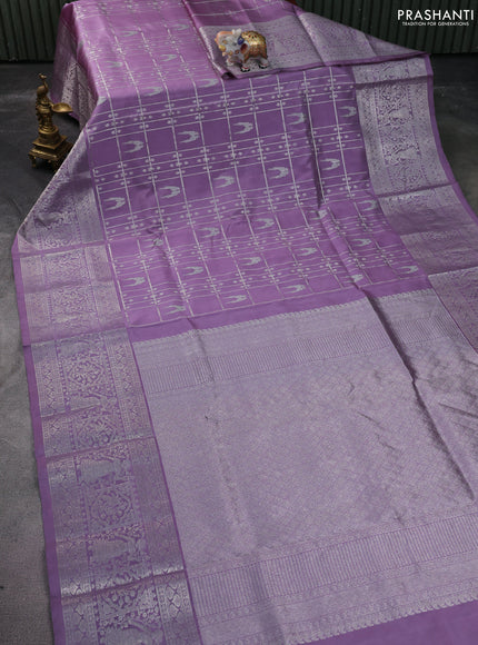 Venkatagiri silk saree pastel lavender with allover silver zari checks & buttas and long silver zari woven border