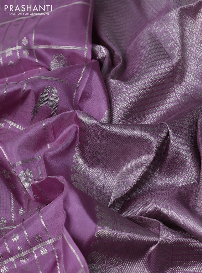 Venkatagiri silk saree pastel lavender with allover silver zari checks & buttas and long silver zari woven border