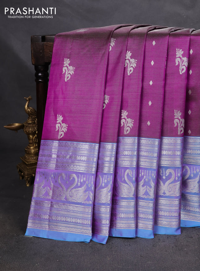 Venkatagiri silk saree purple and cs blue with allover silver zari weaves & buttas and long silver zari woven border
