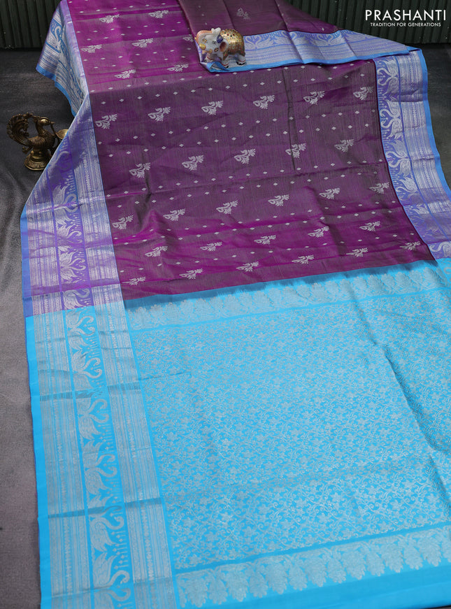 Venkatagiri silk saree purple and cs blue with allover silver zari weaves & buttas and long silver zari woven border