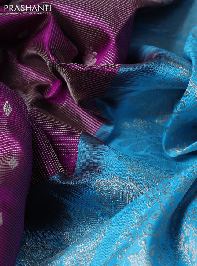 Venkatagiri silk saree purple and cs blue with allover silver zari weaves & buttas and long silver zari woven border