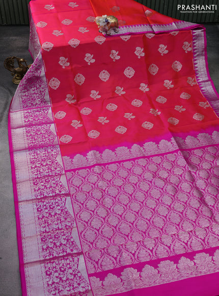 Venkatagiri silk saree dual shade of pinkish orange and pink with silver zari woven buttas and long zari woven border