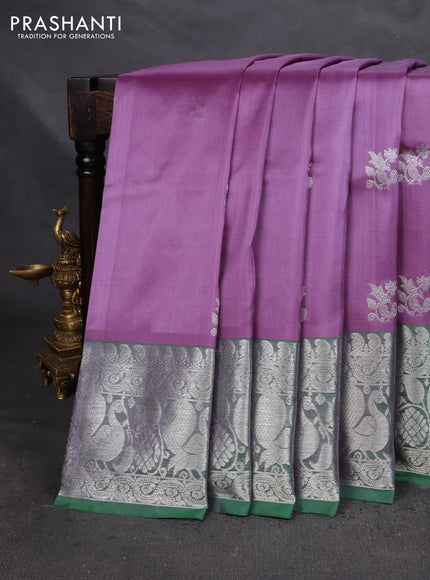 Venkatagiri silk saree lavender shade and green with silver zari woven buttas and long silver zari woven border