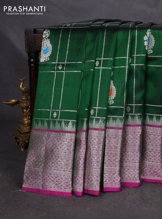 Venkatagiri silk saree green and pink with silver zari checks & buttas and long silver zari woven border