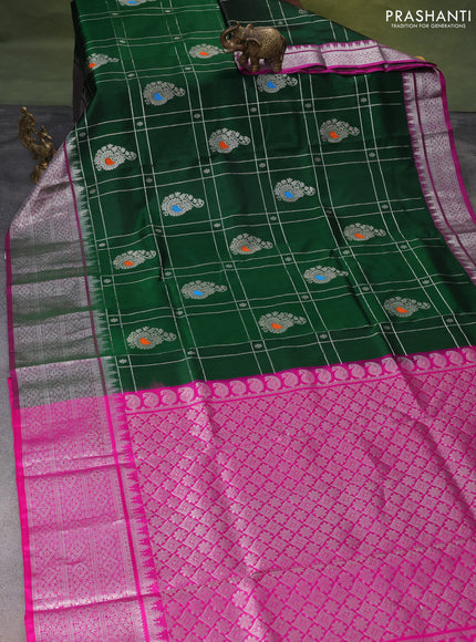 Venkatagiri silk saree green and pink with silver zari checks & buttas and long silver zari woven border