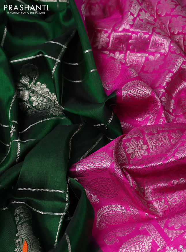 Venkatagiri silk saree green and pink with silver zari checks & buttas and long silver zari woven border