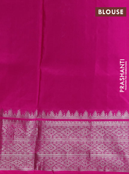 Venkatagiri silk saree green and pink with silver zari checks & buttas and long silver zari woven border