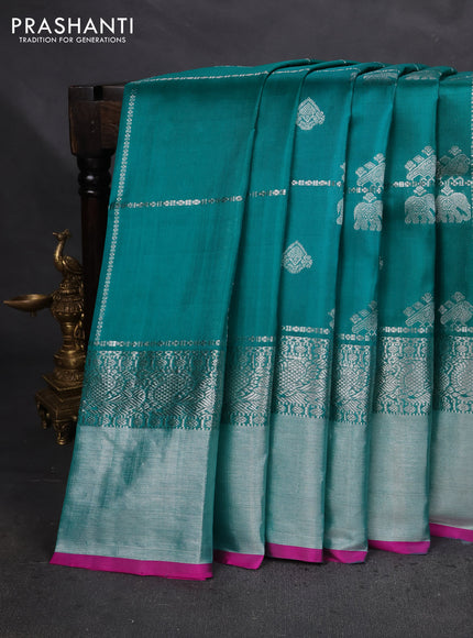 Venkatagiri silk saree teal green and pink with allover silver zari weaves and long silver zari woven border