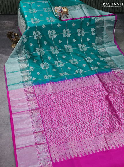 Venkatagiri silk saree teal green and pink with allover silver zari weaves and long silver zari woven border