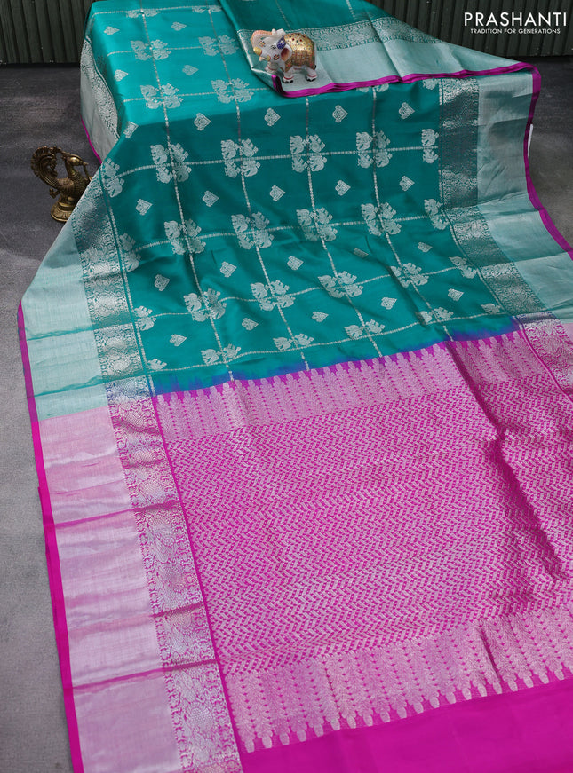 Venkatagiri silk saree teal green and pink with allover silver zari weaves and long silver zari woven border