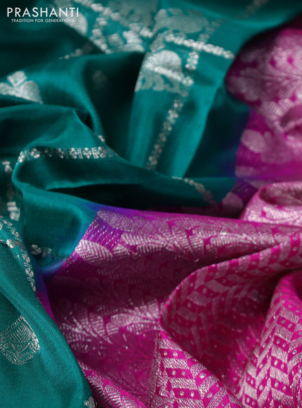 Venkatagiri silk saree teal green and pink with allover silver zari weaves and long silver zari woven border