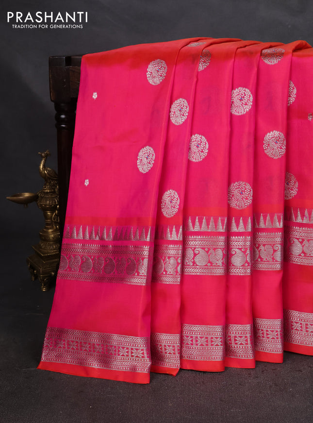 Venkatagiri silk saree dual shade of pinkish orange with silver zari woven buttas and rettapet silver zari woven border