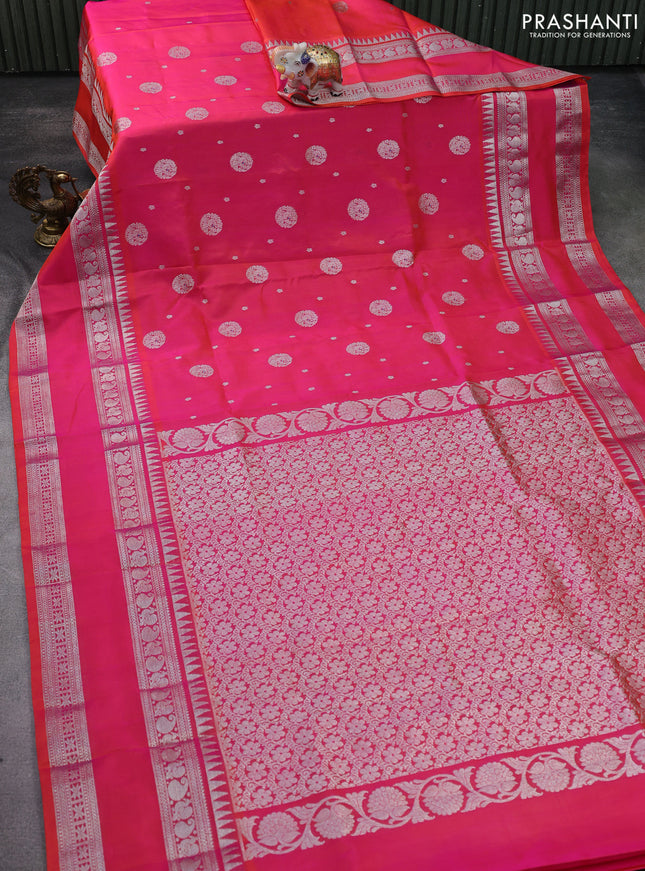 Venkatagiri silk saree dual shade of pinkish orange with silver zari woven buttas and rettapet silver zari woven border