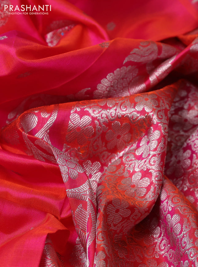 Venkatagiri silk saree dual shade of pinkish orange with silver zari woven buttas and rettapet silver zari woven border