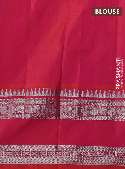 Venkatagiri silk saree dual shade of pinkish orange with silver zari woven buttas and rettapet silver zari woven border