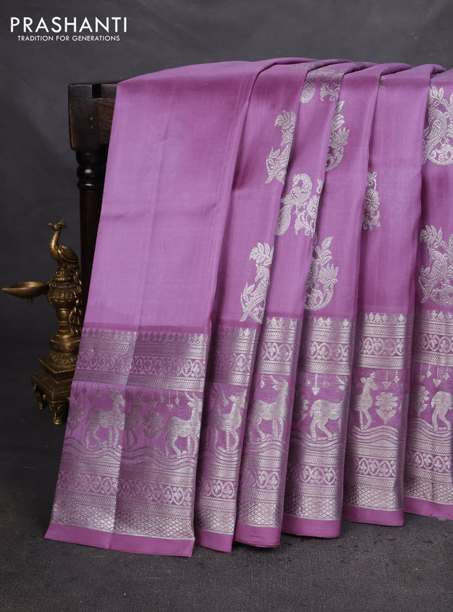 Venkatagiri silk saree lavender with silver zari woven buttas and long silver zari woven border