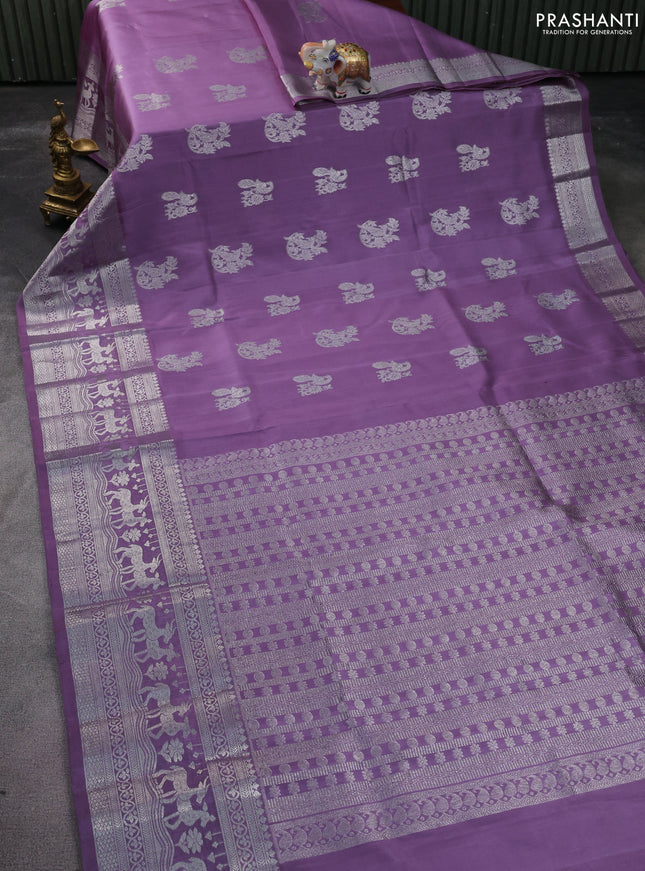 Venkatagiri silk saree lavender with silver zari woven buttas and long silver zari woven border