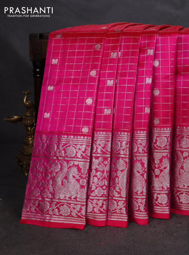 Venkatagiri silk saree pink with allover silver zari checks & buttas and long silver zari woven border