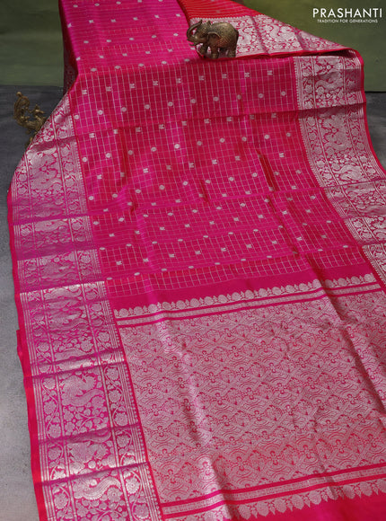 Venkatagiri silk saree pink with allover silver zari checks & buttas and long silver zari woven border