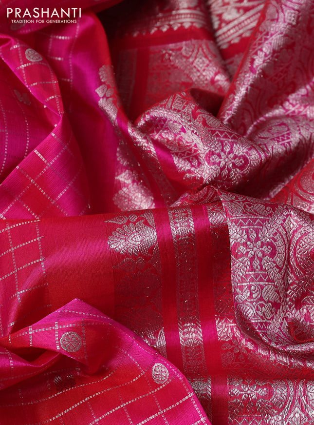 Venkatagiri silk saree pink with allover silver zari checks & buttas and long silver zari woven border