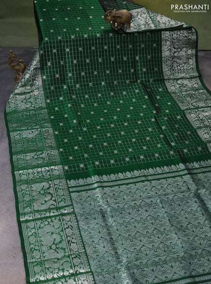 Venkatagiri silk saree green with allover silver zari checks & buttas and long silver zari woven border