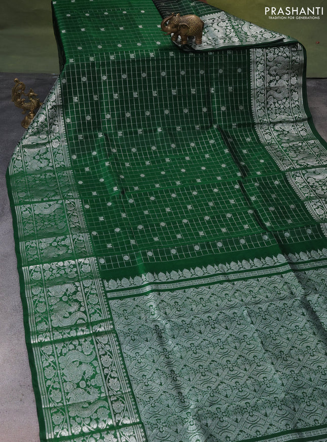 Venkatagiri silk saree green with allover silver zari checks & buttas and long silver zari woven border