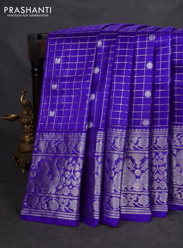 Venkatagiri silk saree blue with allover silver zari checks & buttas and long silver zari woven border