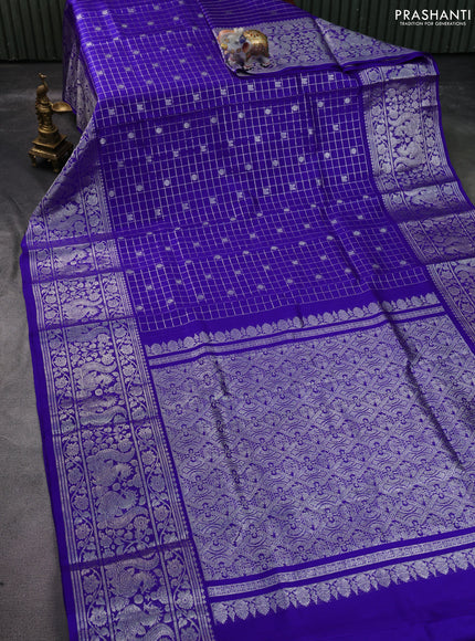 Venkatagiri silk saree blue with allover silver zari checks & buttas and long silver zari woven border