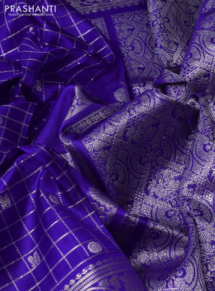 Venkatagiri silk saree blue with allover silver zari checks & buttas and long silver zari woven border