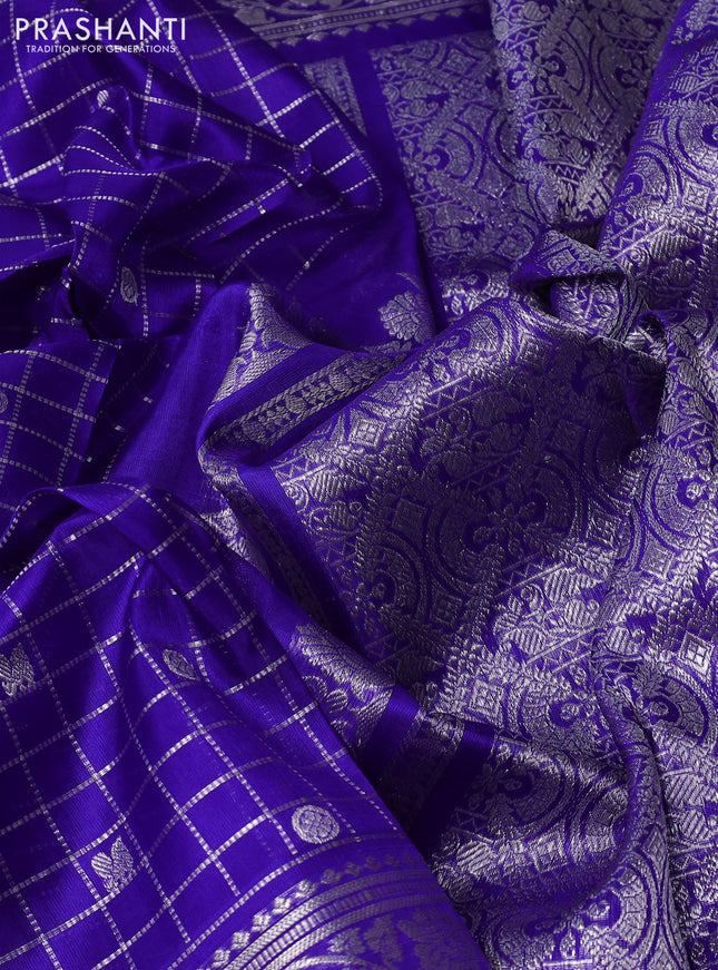Venkatagiri silk saree blue with allover silver zari checks & buttas and long silver zari woven border