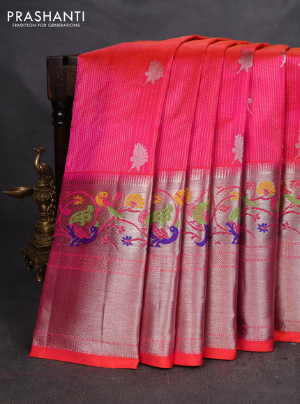 Venkatagiri silk saree dual shade of pinkish orange with allover silver zari stripes & buttas and long silver zari woven paithani style border