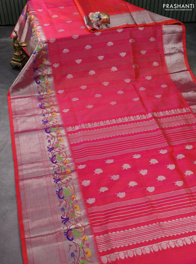 Venkatagiri silk saree dual shade of pinkish orange with allover silver zari stripes & buttas and long silver zari woven paithani style border