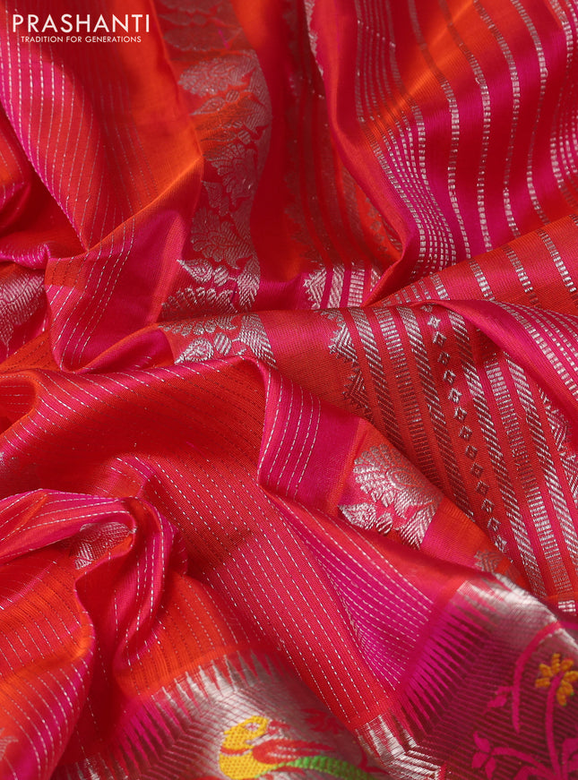 Venkatagiri silk saree dual shade of pinkish orange with allover silver zari stripes & buttas and long silver zari woven paithani style border
