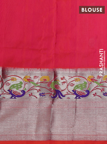 Venkatagiri silk saree dual shade of pinkish orange with allover silver zari stripes & buttas and long silver zari woven paithani style border