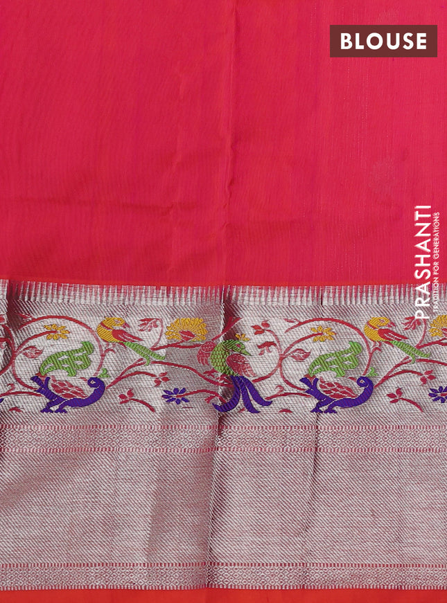 Venkatagiri silk saree dual shade of pinkish orange with allover silver zari stripes & buttas and long silver zari woven paithani style border