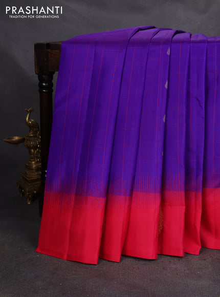 Pure Kanchipuram silk saree blue and pink with allover checked pattern & zari buttas and zari woven butta border