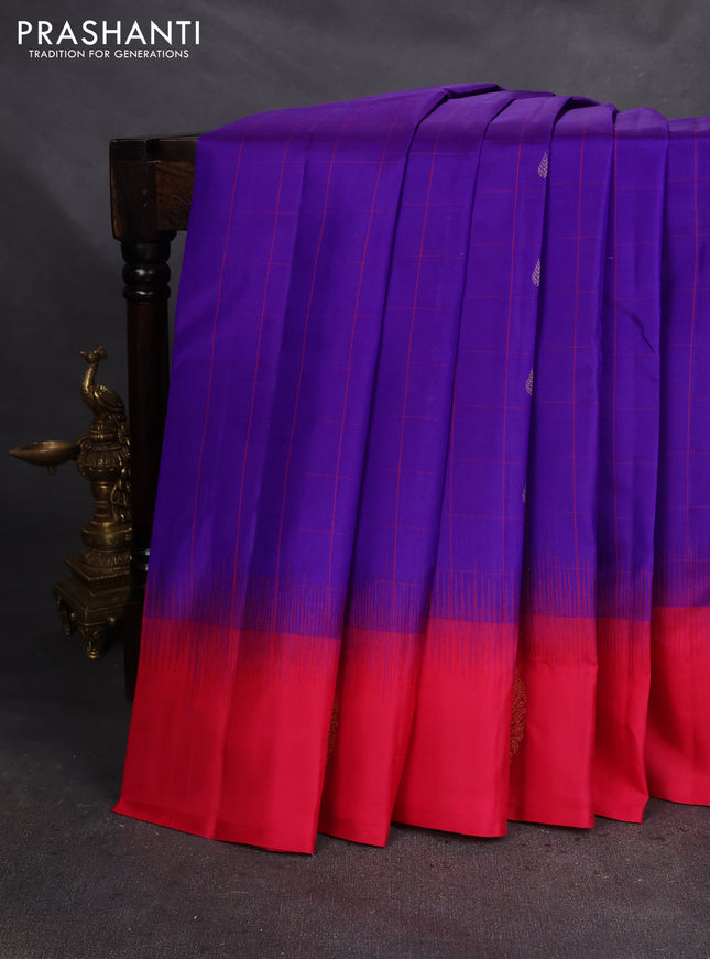 Pure Kanchipuram silk saree blue and pink with allover checked pattern & zari buttas and zari woven butta border