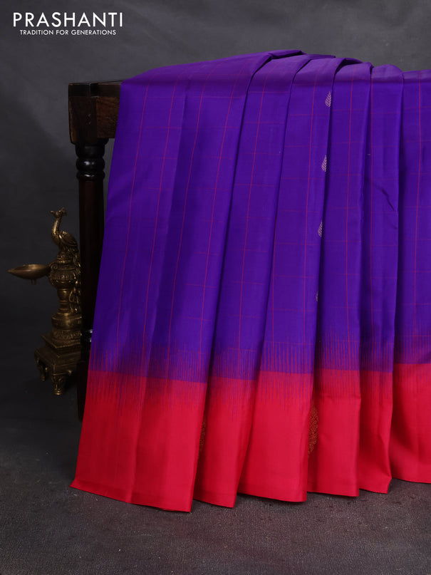 Pure Kanchipuram silk saree blue and pink with allover checked pattern & zari buttas and zari woven butta border