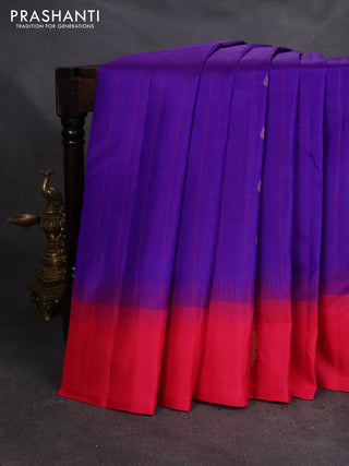 Pure Kanchipuram silk saree blue and pink with allover checked pattern & zari buttas and zari woven butta border