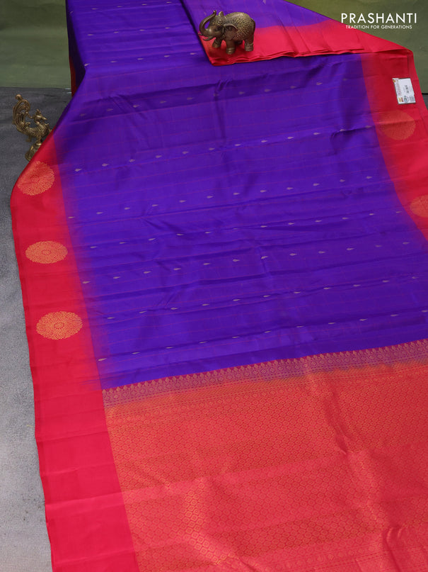 Pure Kanchipuram silk saree blue and pink with allover checked pattern & zari buttas and zari woven butta border
