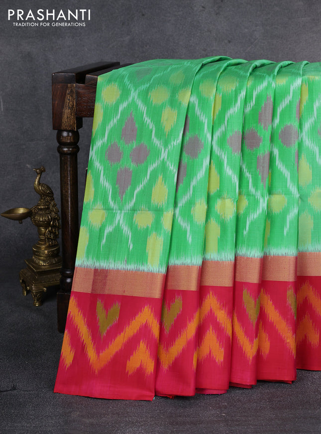 Ikat soft silk saree teal green and dual shade of pink with allover ikat weaves and zari woven ikat style border