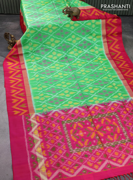 Ikat soft silk saree teal green and dual shade of pink with allover ikat weaves and zari woven ikat style border