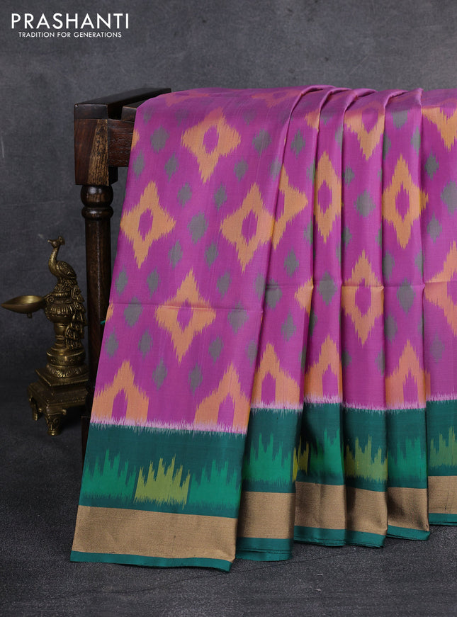 Ikat soft silk saree purple and teal green with allover ikat weaves and ikat style zari border