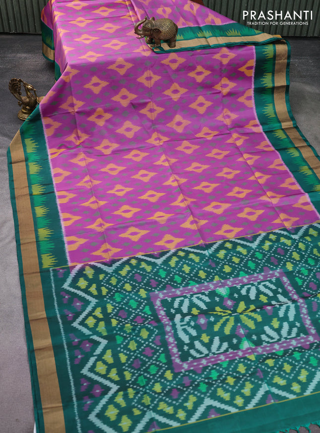 Ikat soft silk saree purple and teal green with allover ikat weaves and ikat style zari border