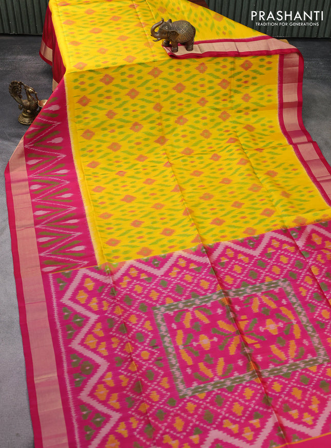Ikat soft silk saree yellow and pink with allover ikat weaves and long ikat woven zari woven border