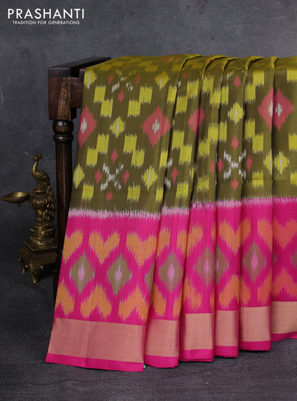 Ikat soft silk saree mehendi green and pink with allover ikat weaves and ikat style zari border